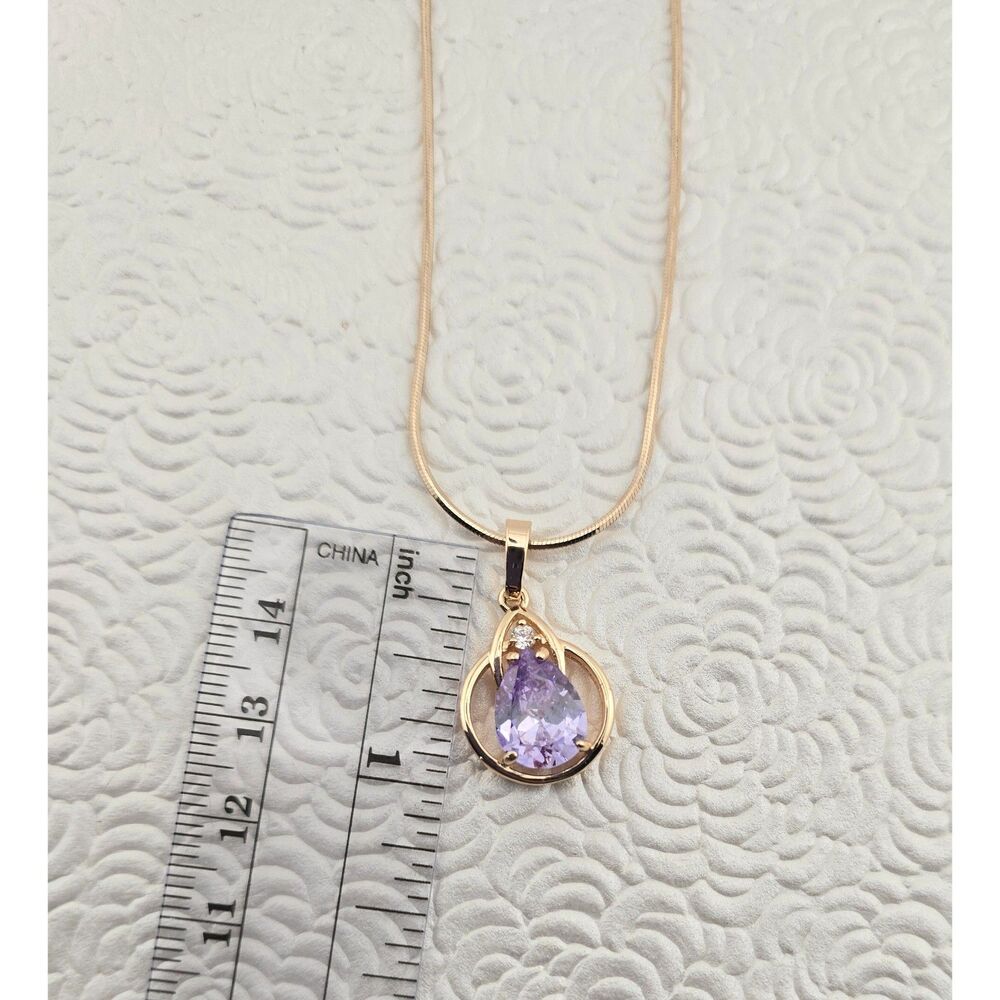 XP Gold Plated Pendant Necklace Pear Cut Glass Amethyst 19” Snake Chain Elegant - Picture 7 of 8